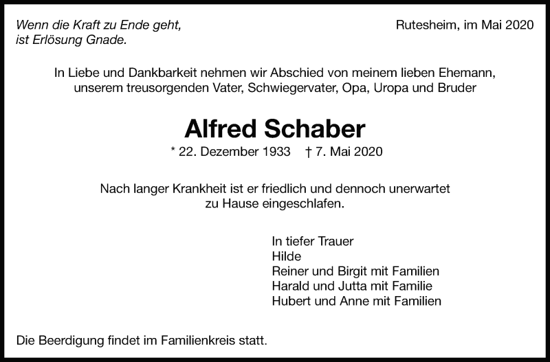  Traueranzeige für Alfred Schaber vom 11.05.2020 aus Leonberger Kreiszeitung / Strohgäu Extra