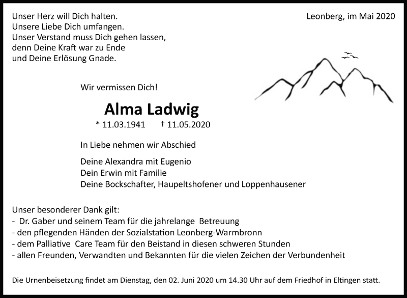  Traueranzeige für Alma Ladwig vom 23.05.2020 aus Leonberger Kreiszeitung / Strohgäu Extra