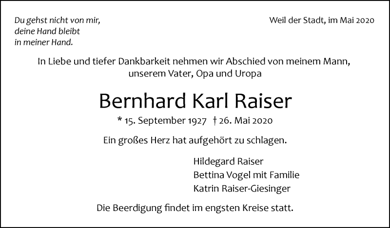  Traueranzeige für Bernhard Raier vom 29.05.2020 aus Leonberger Kreiszeitung / Strohgäu Extra