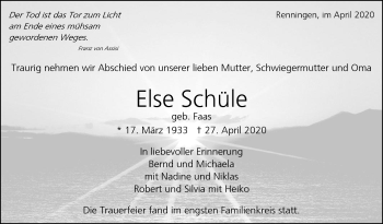 Traueranzeige von Else Schüle von Leonberger Kreiszeitung / Strohgäu Extra