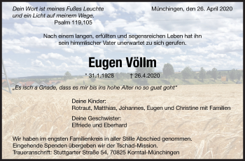 Traueranzeige von Eugen Völlm von Leonberger Kreiszeitung / Strohgäu Extra