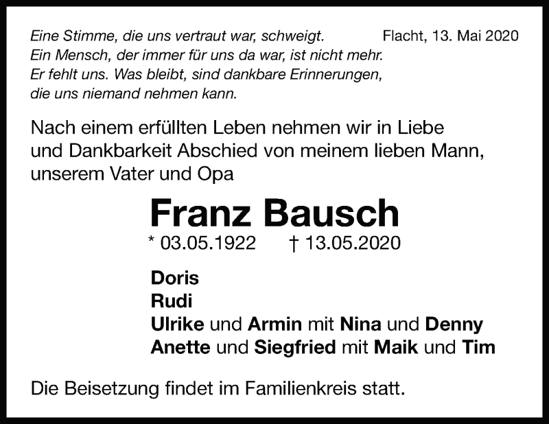  Traueranzeige für Franz Bausch vom 19.05.2020 aus Leonberger Kreiszeitung / Strohgäu Extra