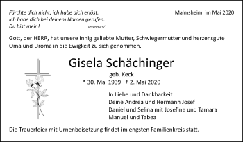 Traueranzeige von Gisela Schächinger von Leonberger Kreiszeitung / Strohgäu Extra