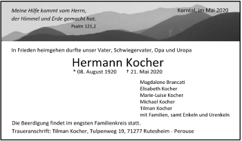 Traueranzeige von Hermann Kocher von Leonberger Kreiszeitung / Strohgäu Extra