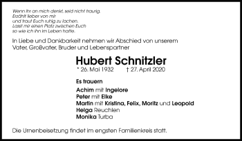 Traueranzeige von Hubert Schnitzler von Leonberger Kreiszeitung / Strohgäu Extra