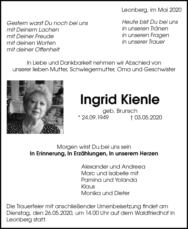  Traueranzeige für Ingrid Kienle vom 16.05.2020 aus Leonberger Kreiszeitung / Strohgäu Extra