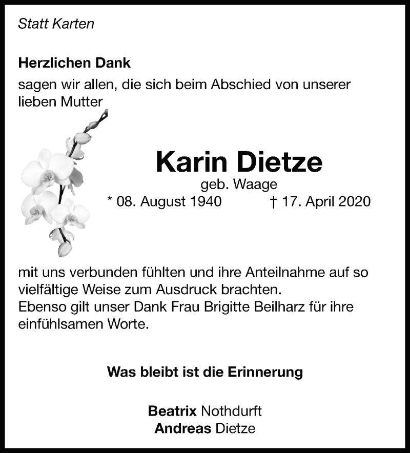  Traueranzeige für Karin Dietze vom 23.05.2020 aus Leonberger Kreiszeitung / Strohgäu Extra