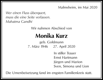 Traueranzeige von Monika Kurz von Leonberger Kreiszeitung / Strohgäu Extra