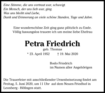 Traueranzeige von Petra Friedrich von Leonberger Kreiszeitung / Strohgäu Extra