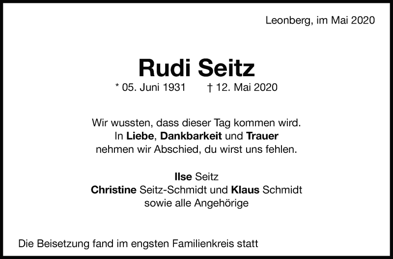  Traueranzeige für Rudi Seitz vom 23.05.2020 aus Leonberger Kreiszeitung / Strohgäu Extra
