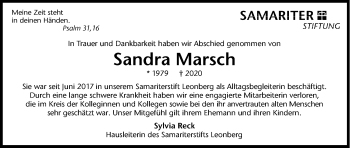 Traueranzeige von Sandra Marsch von Leonberger Kreiszeitung / Strohgäu Extra