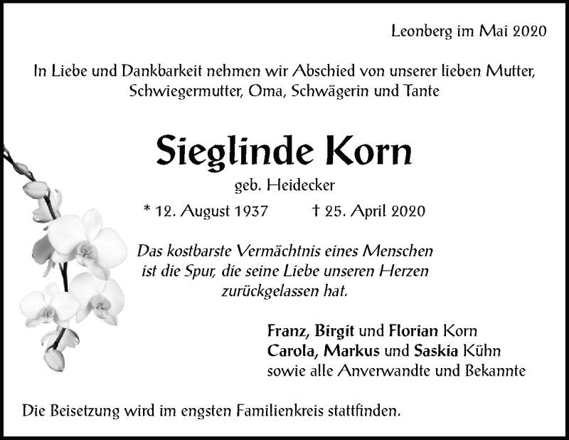  Traueranzeige für Sieglinde Korn vom 02.05.2020 aus Leonberger Kreiszeitung / Strohgäu Extra