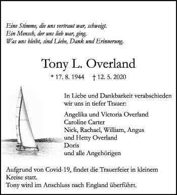 Traueranzeige von Tony L. Overland von Leonberger Kreiszeitung / Strohgäu Extra