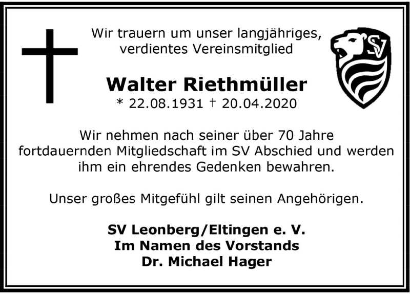  Traueranzeige für Walter Riethmüller vom 02.05.2020 aus Leonberger Kreiszeitung / Strohgäu Extra