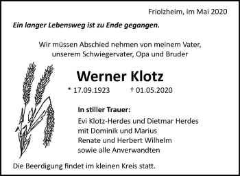 Traueranzeige von Werner Klotz von Leonberger Kreiszeitung / Strohgäu Extra