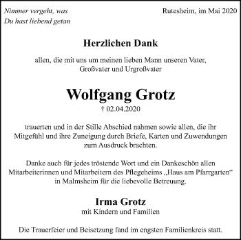 Traueranzeige von Wolfgang Grotz von Leonberger Kreiszeitung / Strohgäu Extra
