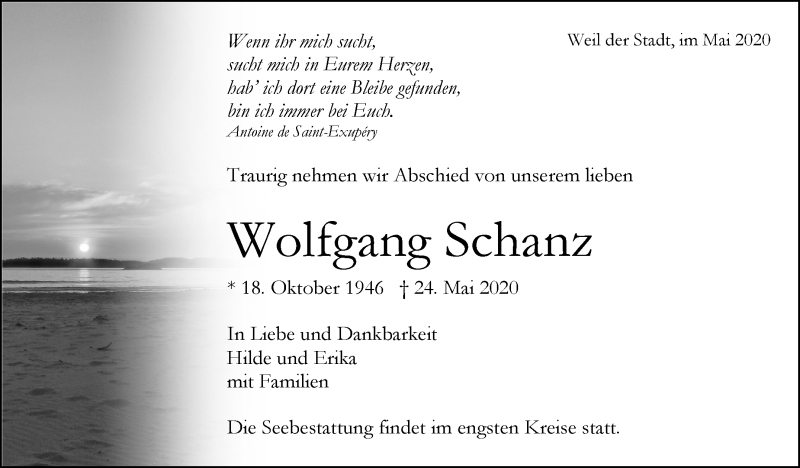  Traueranzeige für Wolfgang Schanz vom 27.05.2020 aus Leonberger Kreiszeitung / Strohgäu Extra