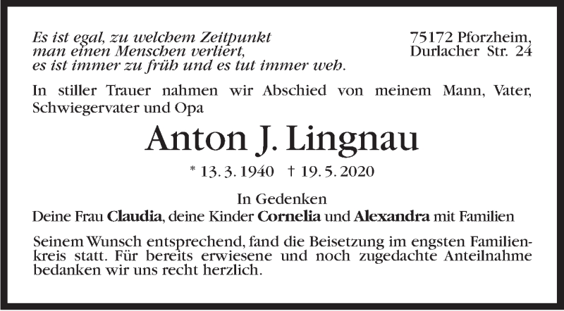  Traueranzeige für Anton J. Lingnau vom 30.05.2020 aus Leonberger Kreiszeitung / Strohgäu Extra