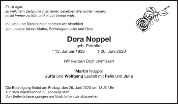Traueranzeige von Dora Noppel von Leonberger Kreiszeitung / Strohgäu Extra