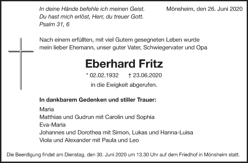  Traueranzeige für Eberhard Fritz vom 26.06.2020 aus Leonberger Kreiszeitung / Strohgäu Extra