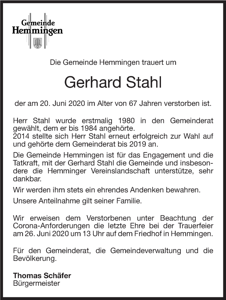  Traueranzeige für Gerhard Stahl vom 25.06.2020 aus Leonberger Kreiszeitung / Strohgäu Extra