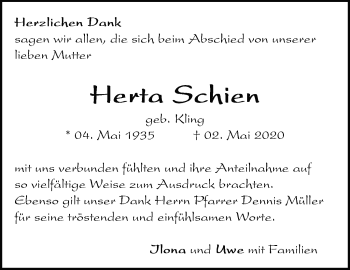 Traueranzeige von Herta Schien von Leonberger Kreiszeitung / Strohgäu Extra