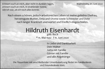 Traueranzeige von Hildruth Eisenhardt von Leonberger Kreiszeitung / Strohgäu Extra