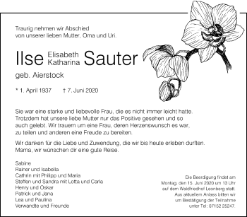 Traueranzeige von Ilse Elisabeth Katharina Sauter von Leonberger Kreiszeitung / Strohgäu Extra