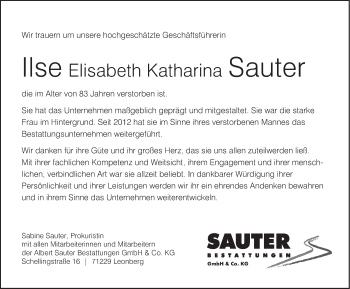 Traueranzeige von Ilse Elisabeth Katharina Sauter von Leonberger Kreiszeitung / Strohgäu Extra