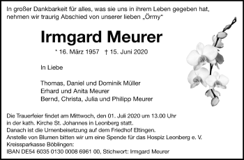 Traueranzeige von Irmgard Meurer von Leonberger Kreiszeitung / Strohgäu Extra