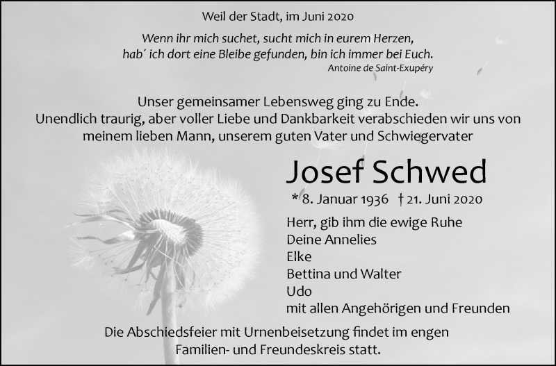  Traueranzeige für Josef Schwed vom 23.06.2020 aus Leonberger Kreiszeitung / Strohgäu Extra