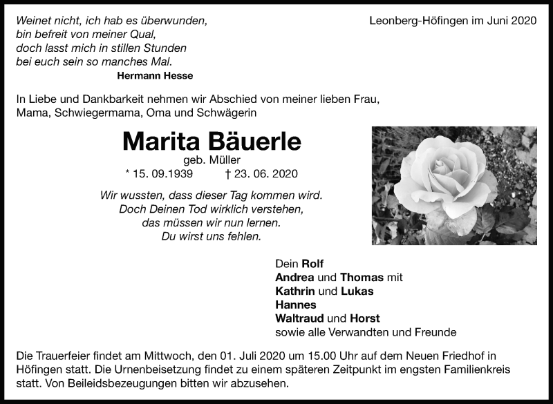  Traueranzeige für Marita Bäuerle vom 27.06.2020 aus Leonberger Kreiszeitung / Strohgäu Extra