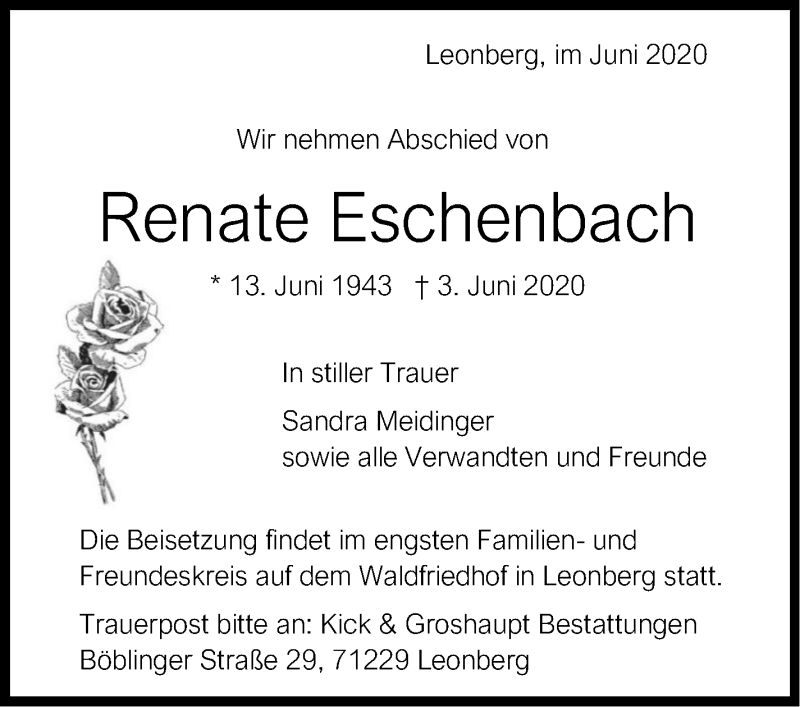 Traueranzeige für Renate Eschenbach vom 12.06.2020 aus Leonberger Kreiszeitung / Strohgäu Extra