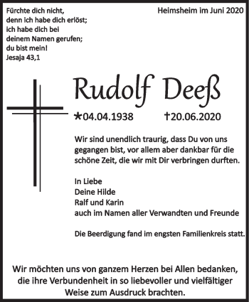 Traueranzeige von Rudolf Deeß von Leonberger Kreiszeitung / Strohgäu Extra