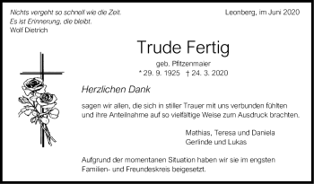 Traueranzeige von Trude Fertig von Leonberger Kreiszeitung / Strohgäu Extra