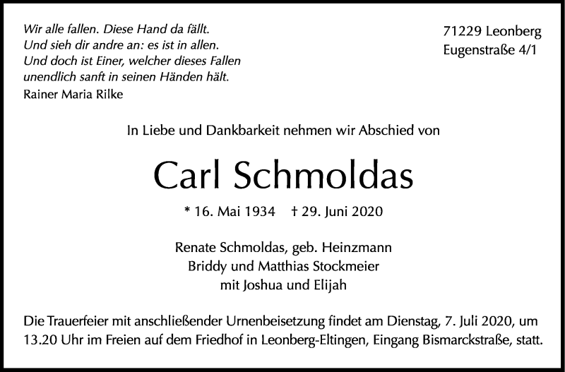  Traueranzeige für Carl Schmoldas vom 04.07.2020 aus Leonberger Kreiszeitung / Strohgäu Extra