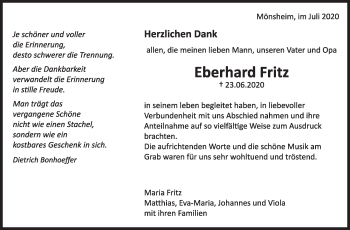 Traueranzeige von Eberhard Fritz von Leonberger Kreiszeitung / Strohgäu Extra