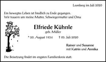 Traueranzeige von Elfriede Kühnle von Leonberger Kreiszeitung / Strohgäu Extra