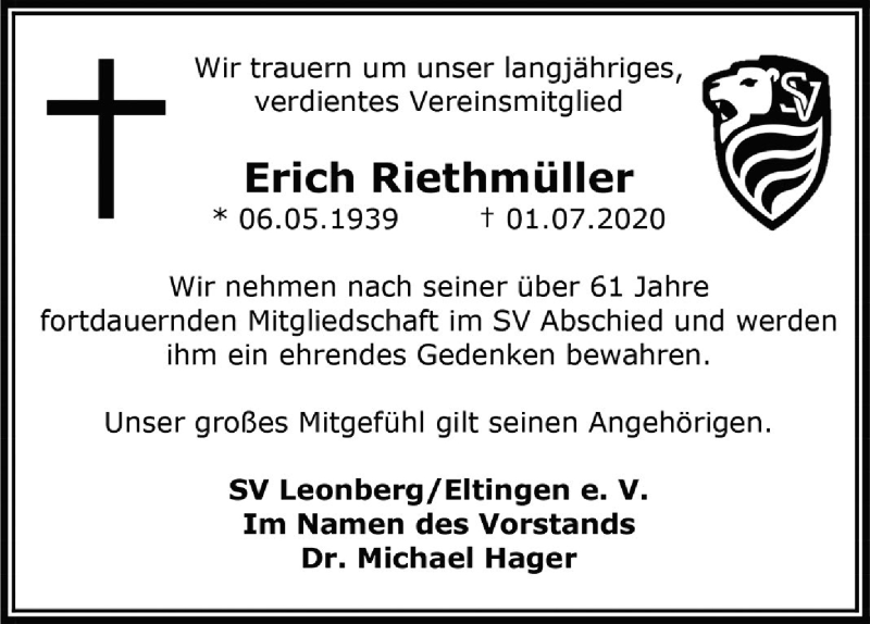 Traueranzeige für Erich Riethmüller vom 15.07.2020 aus Leonberger Kreiszeitung / Strohgäu Extra