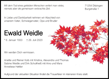 Traueranzeige von Ewald Weidle von Leonberger Kreiszeitung / Strohgäu Extra