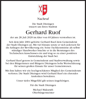 Traueranzeige von Gerhard Ruof von Leonberger Kreiszeitung / Strohgäu Extra