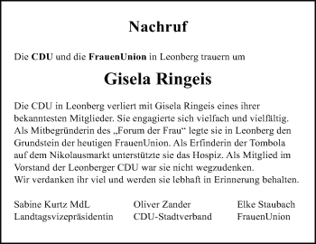 Traueranzeige von Gisela Ringeis von Leonberger Kreiszeitung / Strohgäu Extra