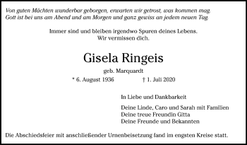 Traueranzeige von Gisela Ringeis von Leonberger Kreiszeitung / Strohgäu Extra