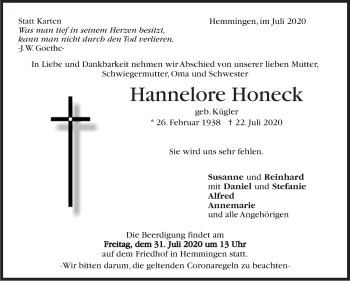 Traueranzeige von Hannelore Honeck von Leonberger Kreiszeitung / Strohgäu Extra