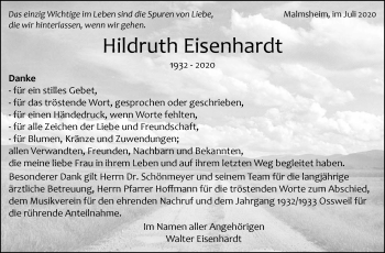Traueranzeige von Hildruth Eisenhardt von Leonberger Kreiszeitung / Strohgäu Extra