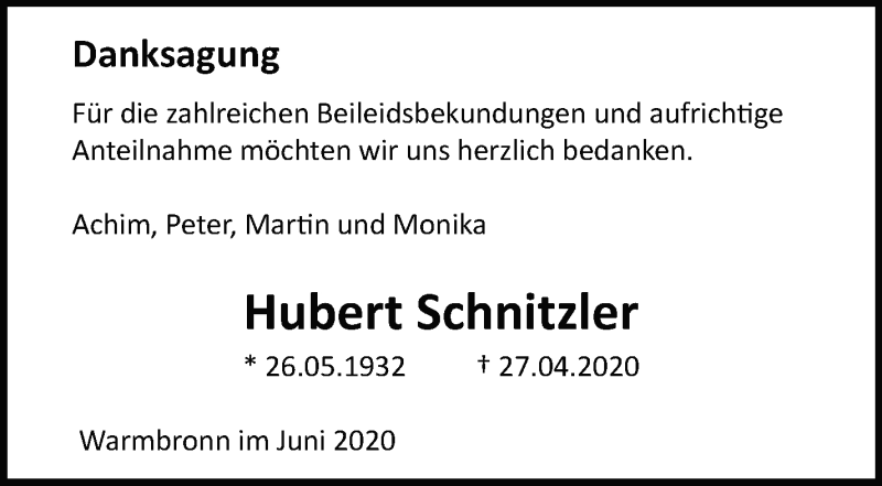  Traueranzeige für Hubert Schnitzler vom 04.07.2020 aus Leonberger Kreiszeitung / Strohgäu Extra