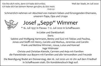 Traueranzeige von Josef  Wimmer von Leonberger Kreiszeitung / Strohgäu Extra