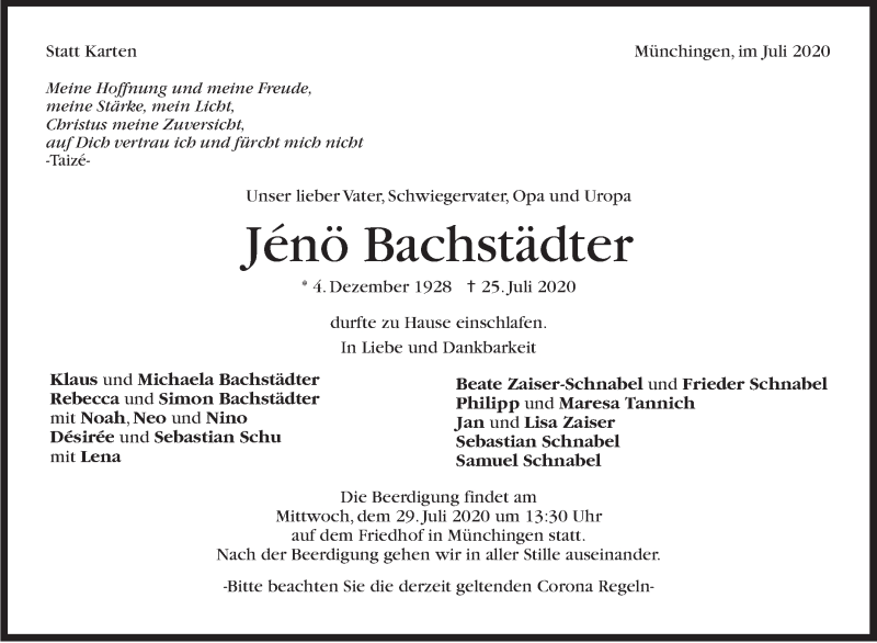  Traueranzeige für Jénö Bachstädter vom 28.07.2020 aus Leonberger Kreiszeitung / Strohgäu Extra