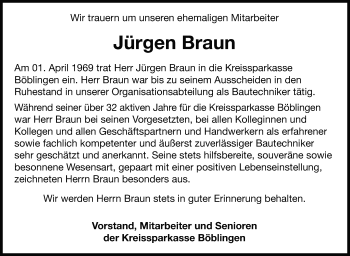 Traueranzeige von Jürgen Braun von Leonberger Kreiszeitung / Strohgäu Extra