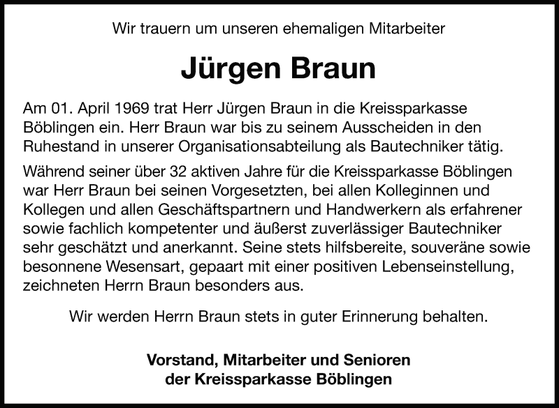  Traueranzeige für Jürgen Braun vom 25.07.2020 aus Leonberger Kreiszeitung / Strohgäu Extra